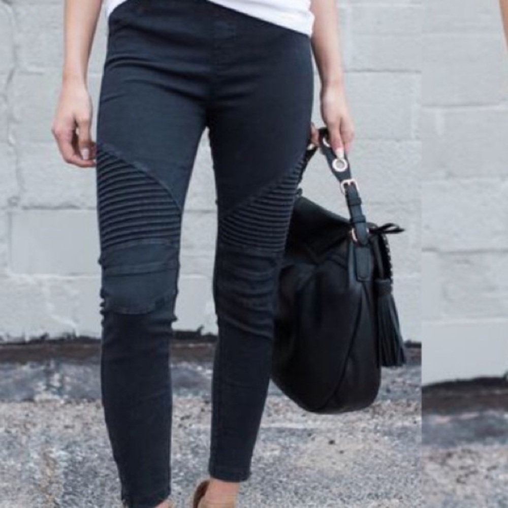 Black Full Length Leggings w Moto Stitching